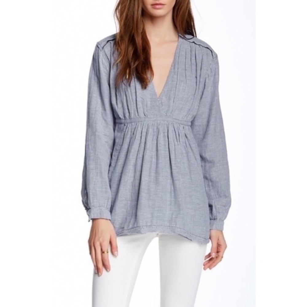 Free People All Who Wander Subtle Striped Blue White Top Cotton Chambray XS